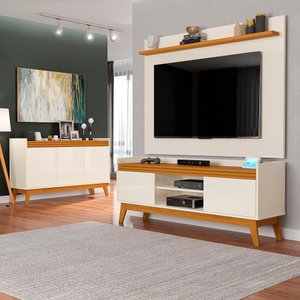 Conjunto Sala de Estar Buffet e Rack com Painel Ripado 136cm