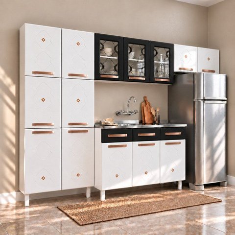 Cozinha Aço Completa Modulada 14 Portas 3 Gavetas Mirage New Telasul Branco/Preto