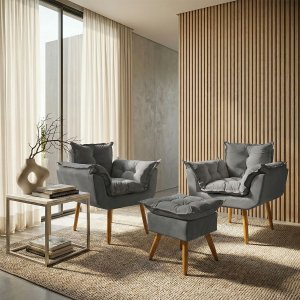 Kit 2 Poltronas Decorativa e Puff para Sala Recepção Manicure Consultório Quarto Alice Suede