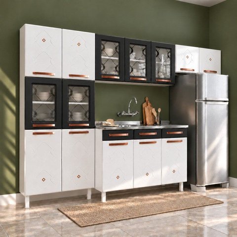 Cozinha Completa Modulada com Balcão para Pia 14 Portas 3 Gavetas Mirage New Branco/Preto