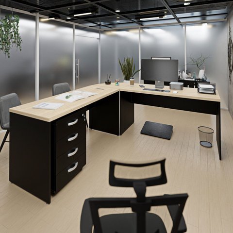 Conjunto Mesa Conexão em L e Gaveteiro Volante 4 Gavetas 140cm Dubai e Preto Bege
