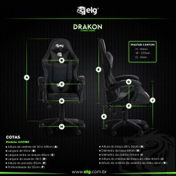 Cadeira Gamer Ergonômica Drakon Elg, Ch31bk, Inclinação até 135º e 140kg, Espuma D40, Preto - 6