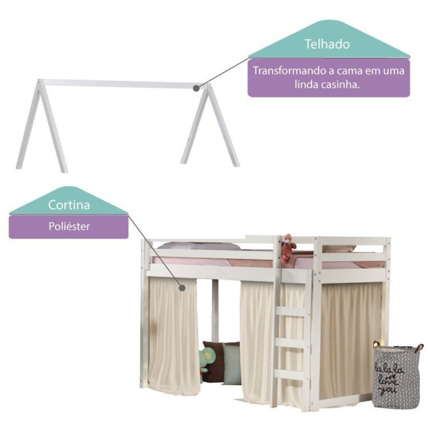 Cama Infantil Prime Alta II com Telhado VI e Tenda Casatema - 4