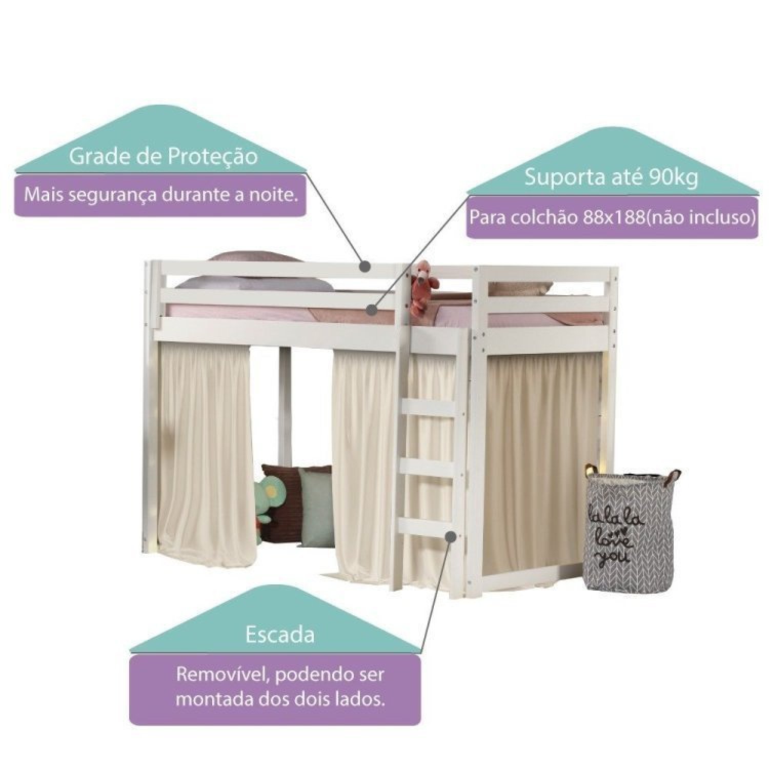 Cama Infantil Prime Alta II com Telhado VI e Tenda Casatema - 3