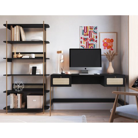 Conjunto Escrivaninha 2 Gavetas e Estante Palhinha Pé Metal Oslo Artesano | Hanover/dourado