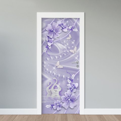 Adesivo de Porta - Flores e Cisnes
