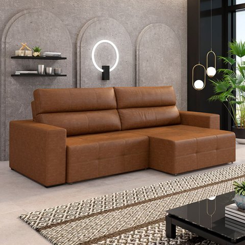 Sofá Retrátil 3 Lugares 244cm Nero Couro Caramelo Manchado G52 - Gran Belo