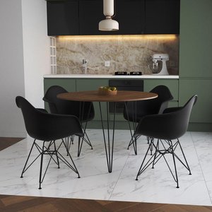 Mesa Jantar Redonda 90Cm Amêndoa Clips 3 Pés Com 4 Poltronas Pretas Ferro Preto - Cor: Amendoa