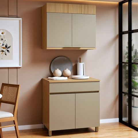 Cozinha Completa Modulada 2 Peças 4 Portas 1 Gaveta 100% MDF Realeza Premium Bege/Carvalho/Greige