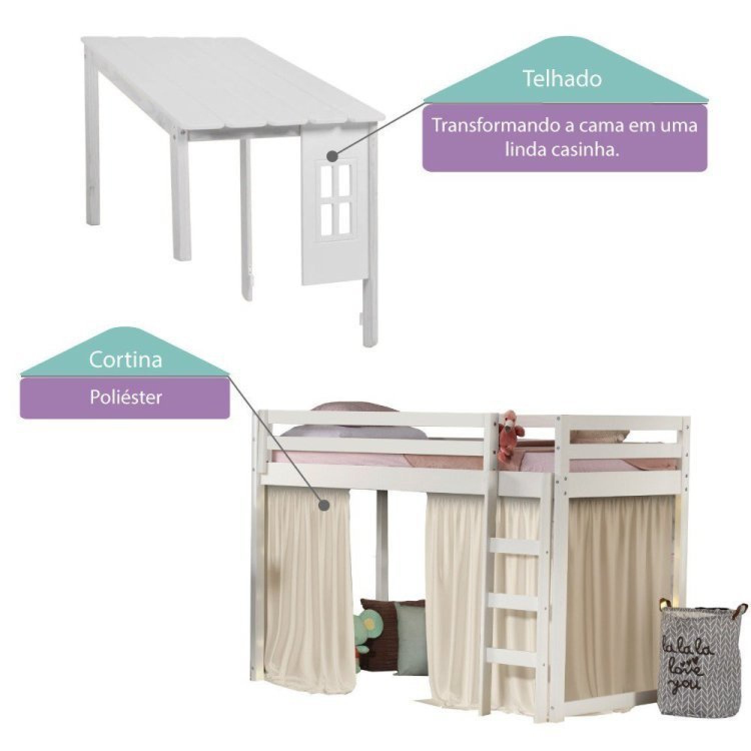 Cama infantil Prime Alta II com Telhado II e Tenda Casatema - 4