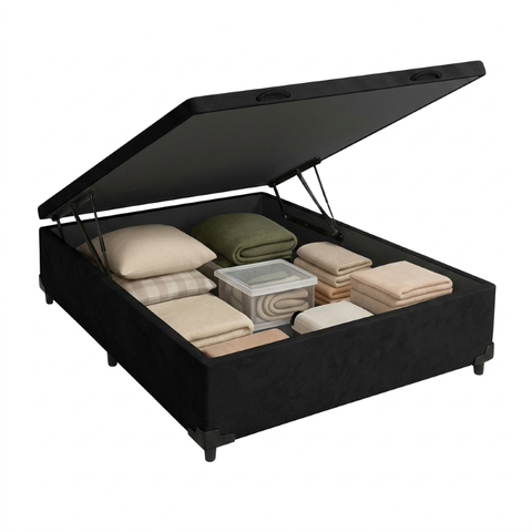 Cama Box Baú Casal Suede Preto 138x188x40cm com Pistão a Gás e Pés de Madeira