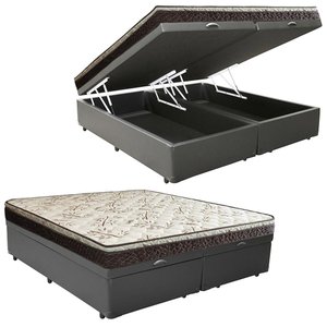Cama Box Baú Queen Sintético Bipartido + Colchão Elegance Ortopédico Espuma D33 Extra Firme 158x198x