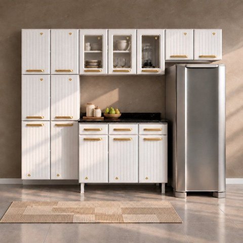 Cozinha de Aço Compacta Modulada com Vidro 4 Peças Diamante Telasul Branco