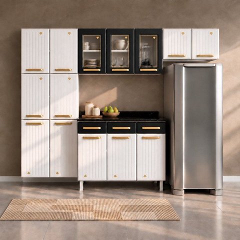 Cozinha Completa Modulada com Vidro 4 Peças 14 Portas 3 Gavetas Diamante Telasul Branco/Preto