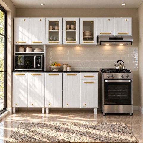 Cozinha Compacta Aço 4 Peças Paneleiro e Nicho para Micro-Ondas 12 Portas 1 Gaveta Diamante Branco