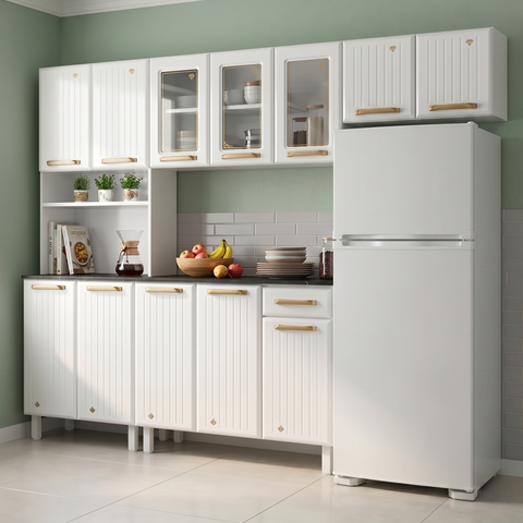 Cozinha Compacta de Aço 4 Peças com Paneleiro e Nicho para Micro-ondas 12 Portas 1 Gaveta Diamante Branco