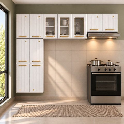 Cozinha de Aço Compacta Modulada 3 Peças com Vidros 11 Portas Diamante Telasul Branco