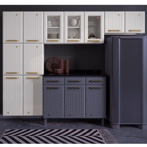 Cozinha de Aço Compacta Modulada 3 Peças com Vidros 11 Portas Diamante Telasul Branco