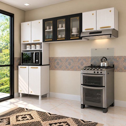 Cozinha de Aço Compacta Modulada 3 Peças 9 Portas Diamante Branco/Preto