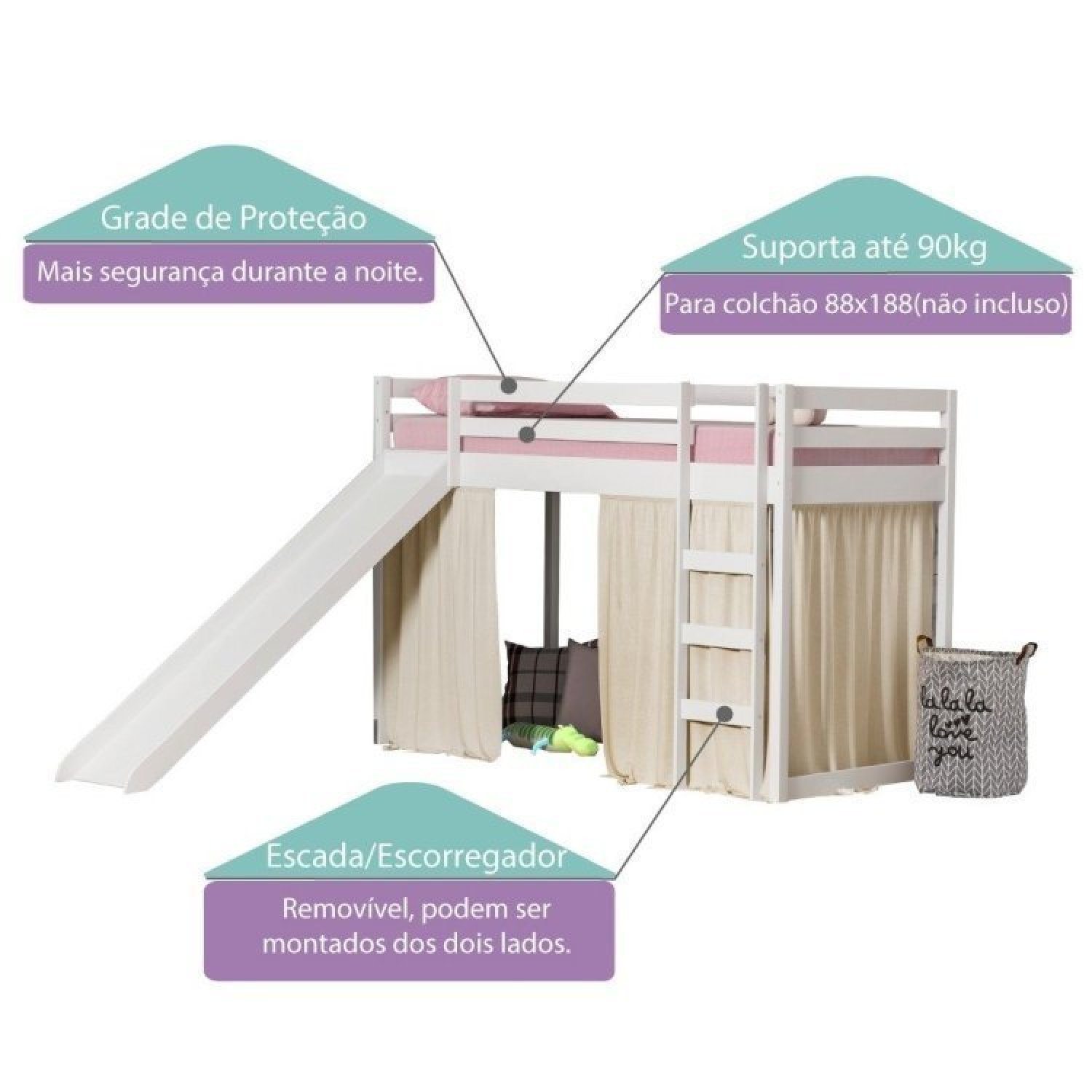 Cama Infantil Escorregador Prime Alta Ii Telhado Ii E Tenda Casatema Madeiramadeira