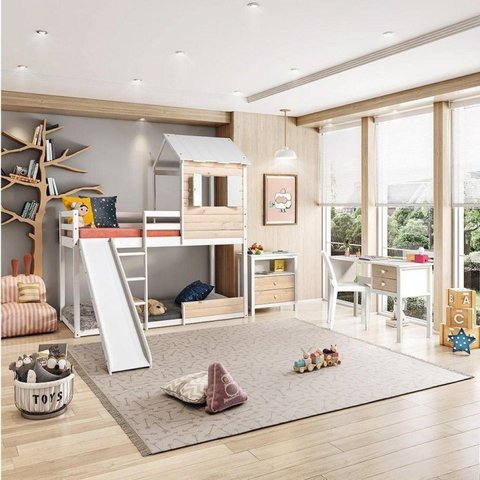 Quarto Completo Montessoriano Club House Wood c/Beliche e Escorregador Casatema MadeiraOriginals