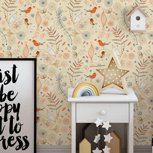 Papel De Parede Passarinhos Coloridos Fundo Bege 300x50cm MadeiraMadeira