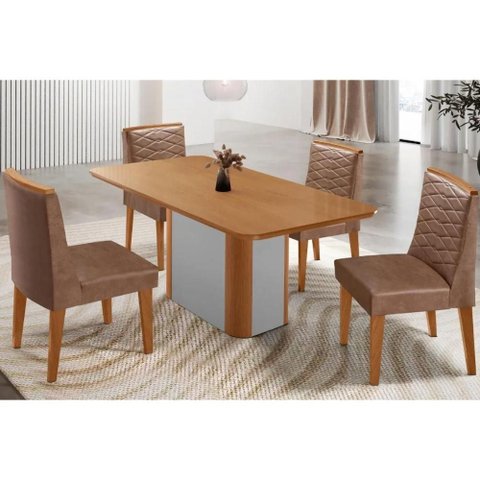Sala Jantar Mesa Pietá Tampo Curvo 120cm+4 Cadeiras Maldivas Madeira Naturale/off White - Capuccino