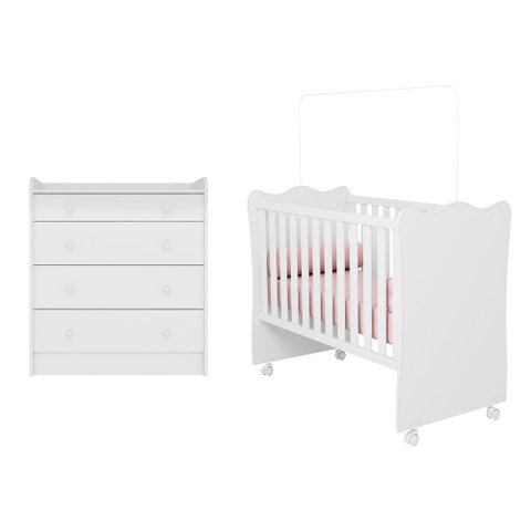 Berço Simples com Colchão Probel e Cômoda 2523 para Quarto de Bebê Infantil Doce Sonho Branco Qmovi