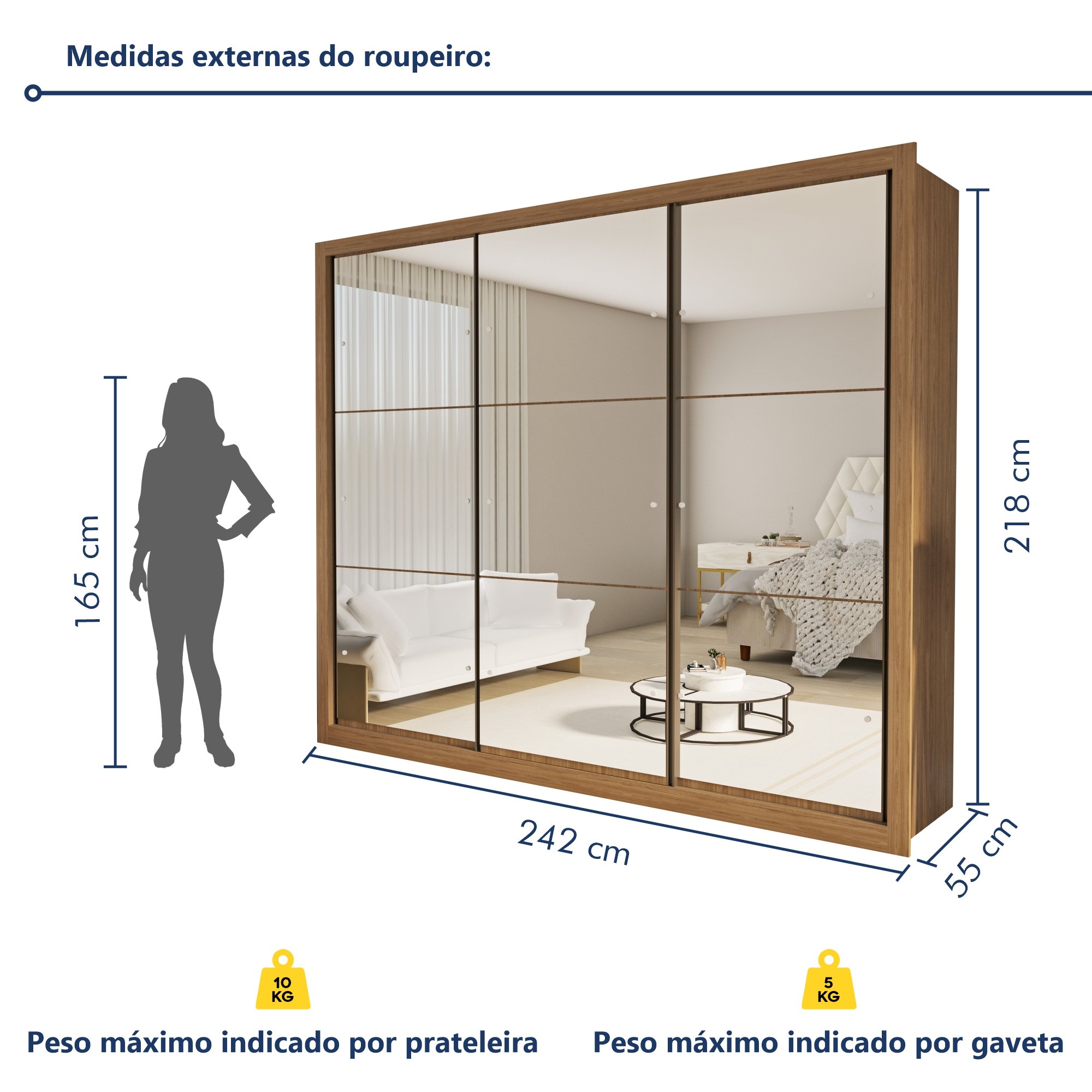 Guarda Roupa Casal Premium Ravena 242cm com Espelho 3 Portas 6 Gavetas Espresso Móveis       - 10