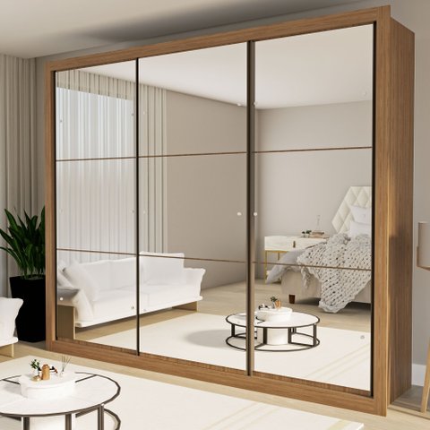 Guarda Roupa Casal Premium Ravena 242cm com Espelho 3 Portas 6 Gavetas Yescasa Marrom/Carvalho