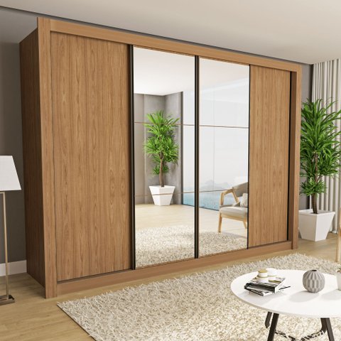 Guarda Roupa Casal Premium Firenze 279,3cm com Espelho 4 Portas 4 Gavetas Yescasa Marrom/Carvalho