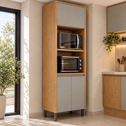Paneleiro Duplo Torre Quente 100% MDF para Forno e Micro-Ondas 2 Nichos Áurea Cinamomo/Fendi