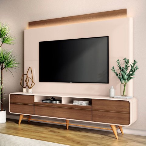 Estante Painel de Tv 85 Pol 220cm Nobre Castanho/off White - Hb Móveis