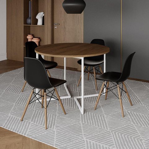 Mesa Jantar Industrial Redonda 110Cm Amêndoa Base V Ferro Branco C/4 Cadeiras Preta Base Mad