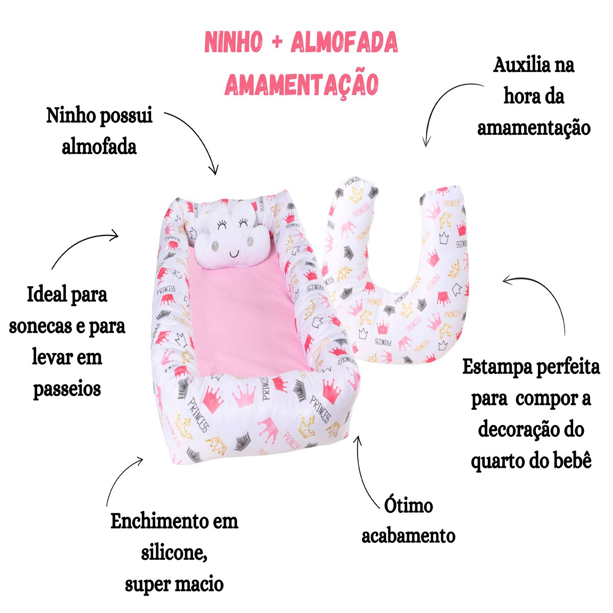 Ninho Redutor com Almofada de Amamentação Bebê Menina Estampado - Princess - 5