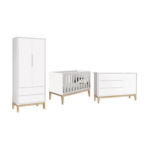 Dormitório Classic 2 Portas e Cômoda com Porta Branco com Pés Madeira Natural - Reller Móveis