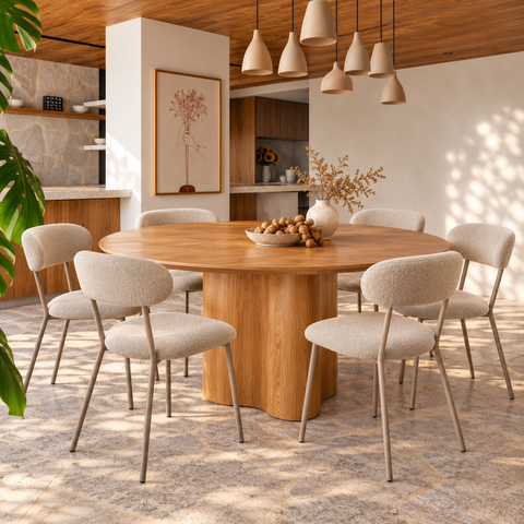 Conjunto Mesa 150cm Organica Redonda 6 Cadeiras Ferro Jantar:Boucle Bege