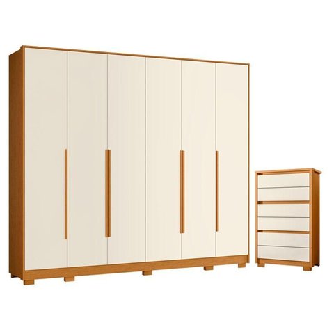Guarda Roupa Casal Mercure 6 Portas e Cômoda Unno 06 Gavetas Cinamomo Off White - Móveis Albatroz