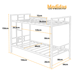 Cama Beliche Solteiro Aço com Escada e Grade de Proteção Reforçada Suporta até 150kg Itagold - 2
