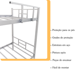 Cama Beliche Solteiro Aço com Escada e Grade de Proteção Reforçada Suporta até 150kg Itagold - 4