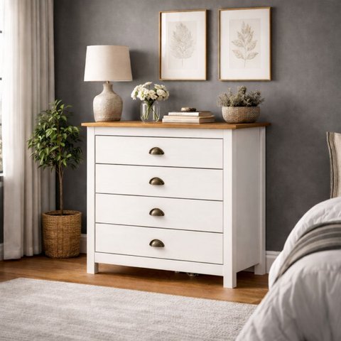 Cômoda Madeira Maciça 4 Gavetas Quarto Closet Boho Rústico:Branco