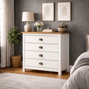 Cômoda Madeira Maciça 4 Gavetas Quarto Closet Boho Rústico:branco