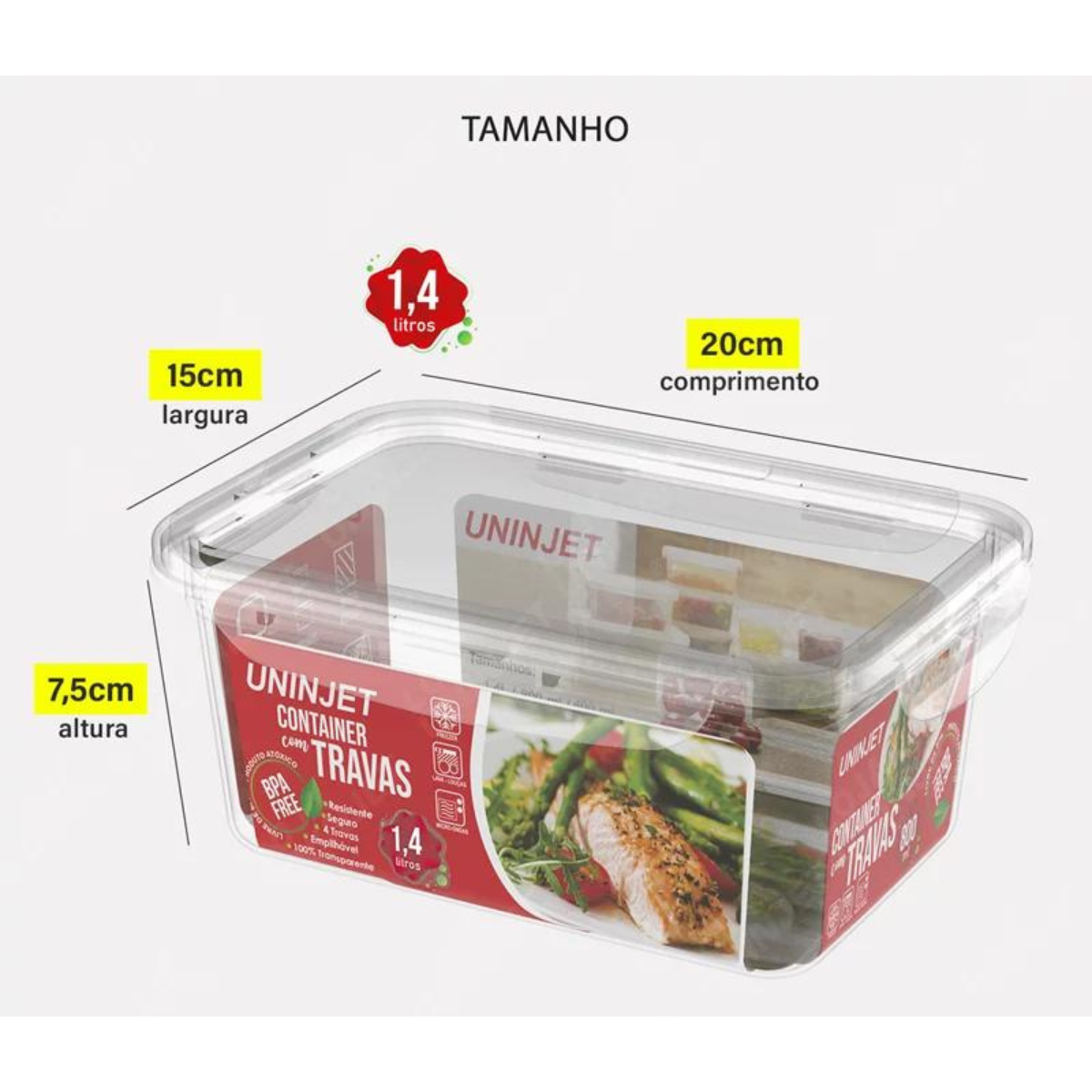 Pote de Plástico Prime com Tampa e Travas Transparente 1,4l - 2