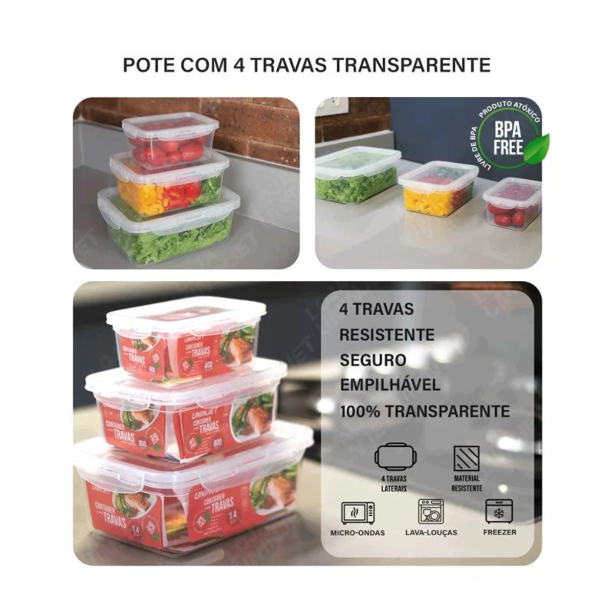 Pote de Plástico Prime com Tampa e Travas Transparente 1,4l - 3