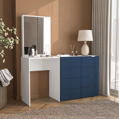 Cômoda Penteadeira Porto 4 Gavetas com Espelho 149x160cm Azul/Branco 240889