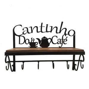 Prateleira Cantinho do Café com Porta Xícaras em Madeira e Ferro "Letreiro"