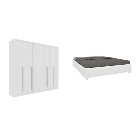Conjunto Guarda Roupa Casal 6 Portas 8 Gavetas Puxador MDF Portugal e Cama Casal Monaco Branco/Neve