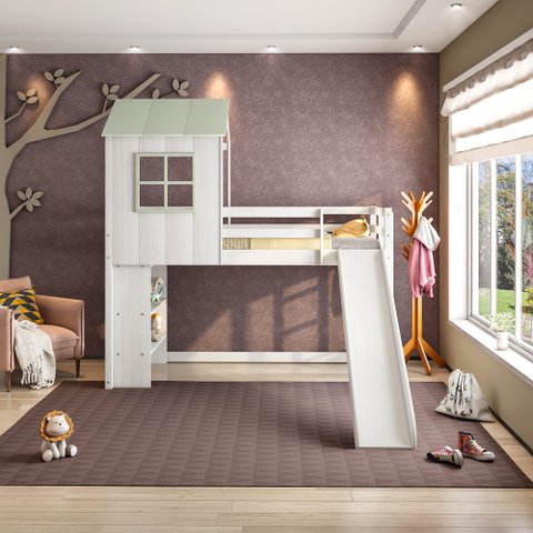 Cama Alta Infantil Cabana Family com Escorregador e Estante Casatema MadeiraOriginals