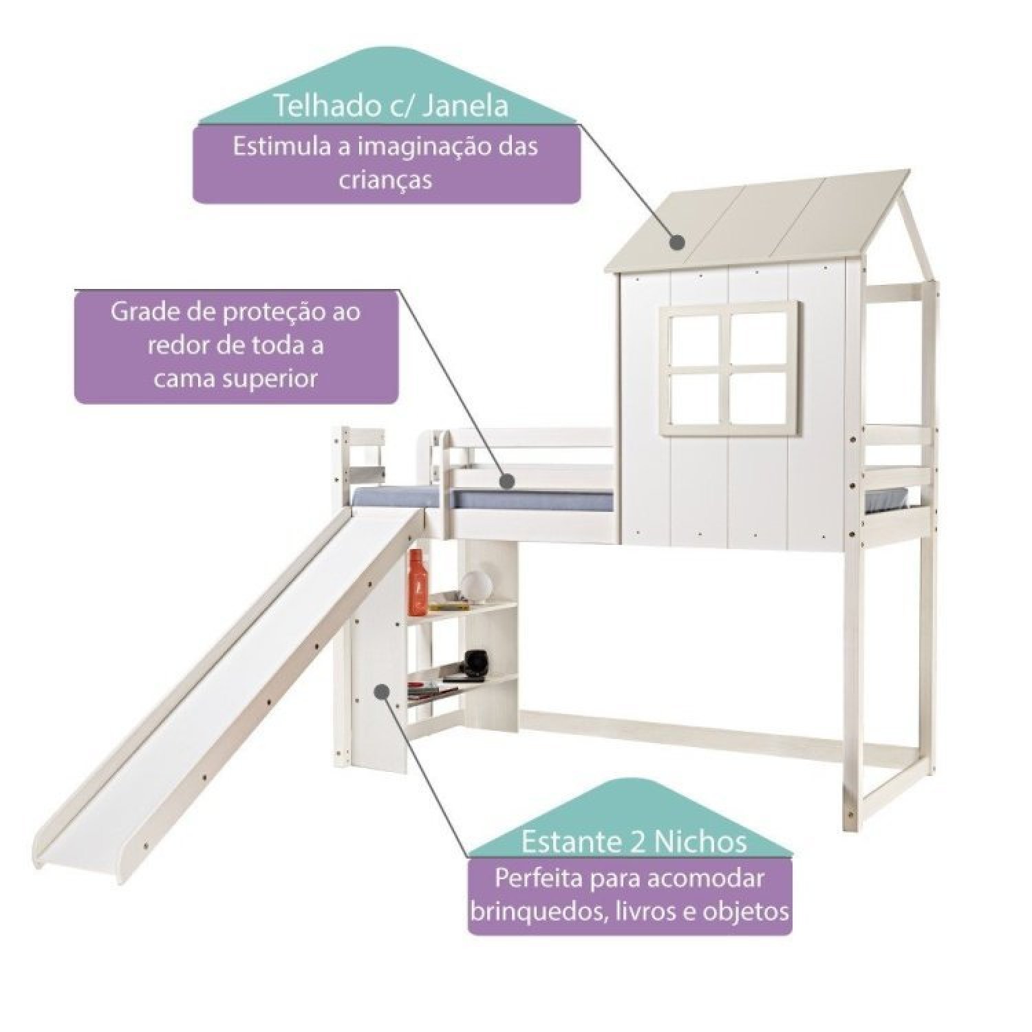 Cama Alta Infantil Cabana Family com Escorregador e Estante Casatema - 4