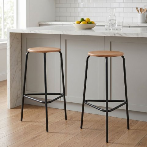 Kit 2 Banquetas para Cozinha com Base de Aço Cumbuca Preto/Nature